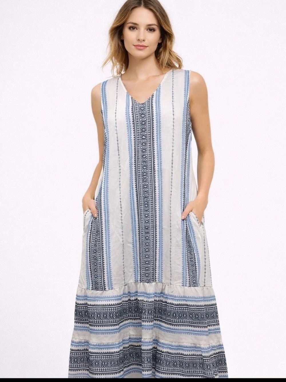 J. Jill White geometric print tiered blue dress size medium petite